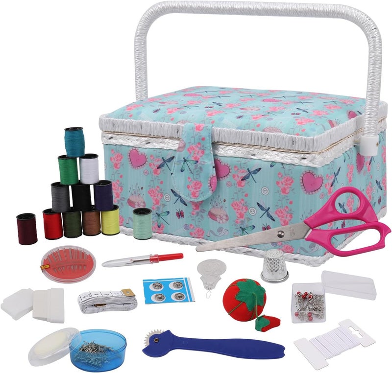 Nice Day Sewing Basket, Classic Fabric Design Sewing Kit Accessories Large Sewing Box Sewing Supplies Organizer and Storage Portable Sewing Kit Embroidery Boxn 11.4 x 7.5X 5.1in (Middle/Green) - Image 1